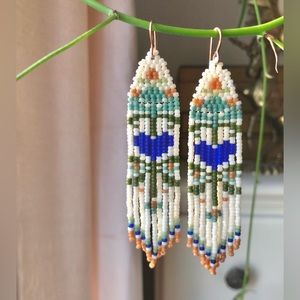 Beaded Fringe Folk Flower Heart Scandi Earrings
